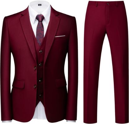 Picture of Suits 3 Piece Slim Fit Single Breasted Two Button Wedding Tuxedo Suit, Burgundy